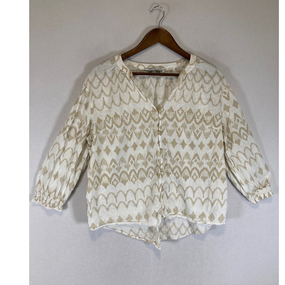 Boho Coastal Sonoma Womens XL White Tan Ikat Print‎ Smocked 3/4 Sleeve Blouse